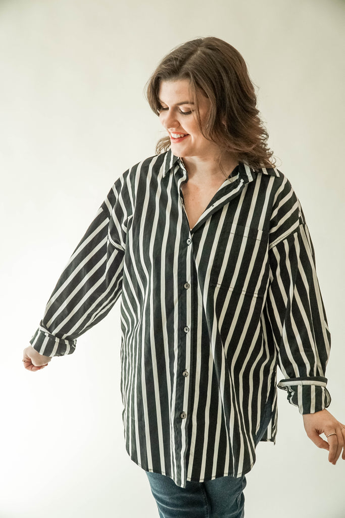 Black + White Oversized Stripped Button Up
