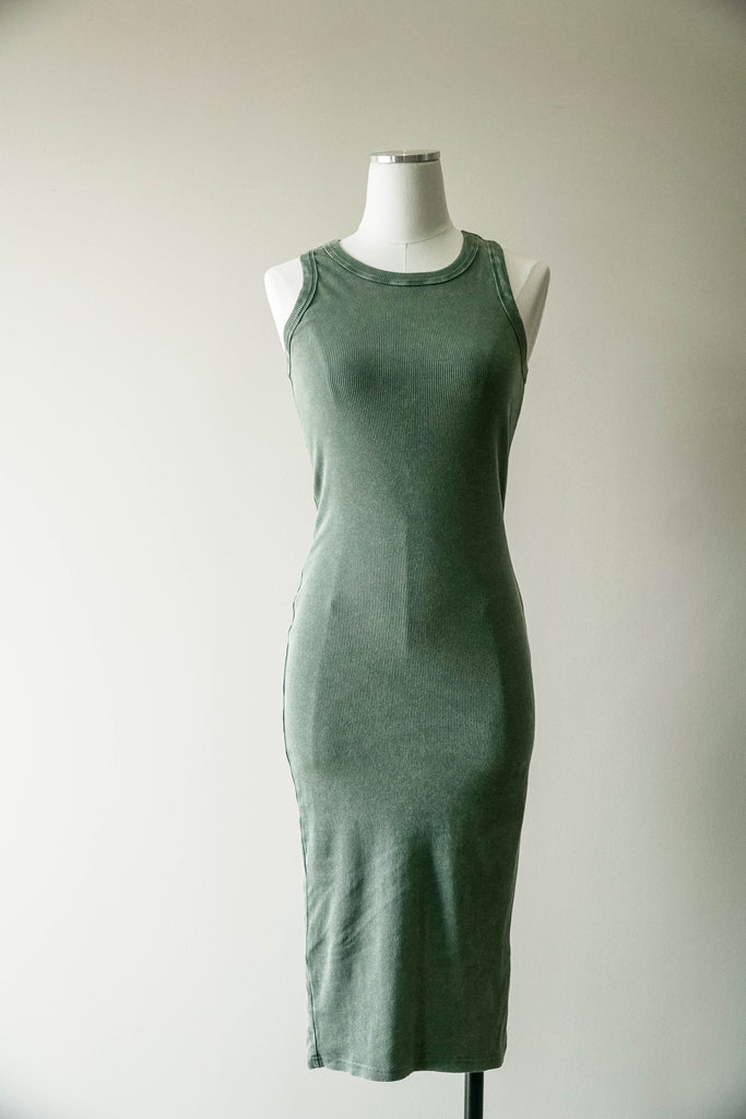 Acid Washed Ribbed Midi Tank Dress - Vintage Green