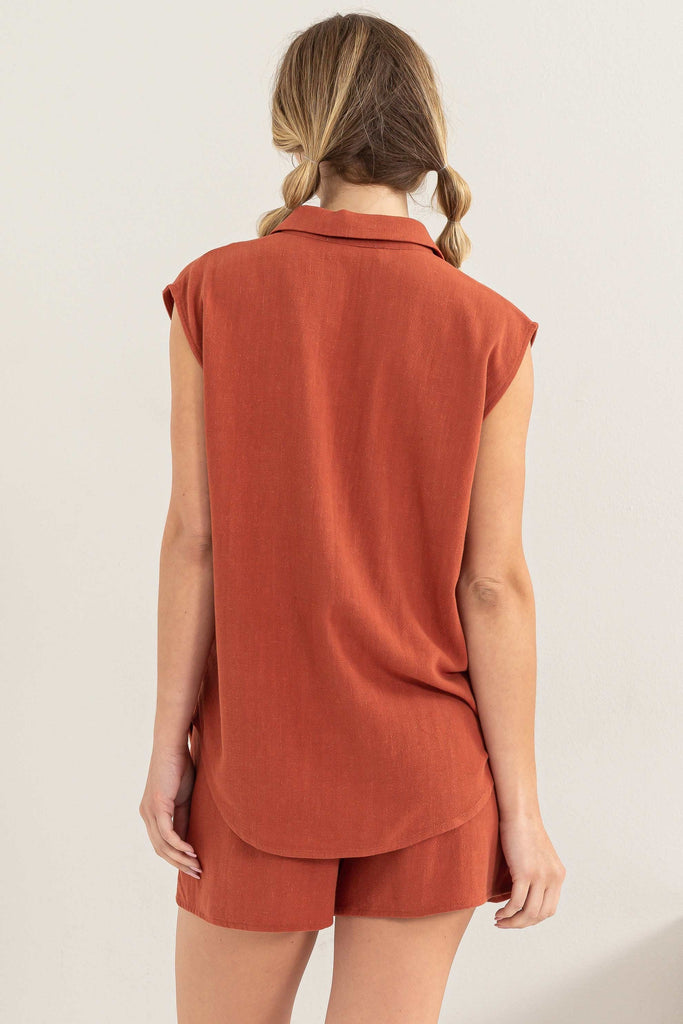 Linen Button Up Top - Baked Clay